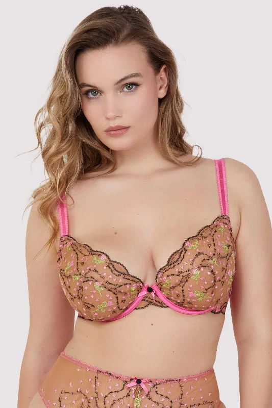 Women's Work Apparel Spank Me Pink and Nude Custom Embroidery Plunge Bra