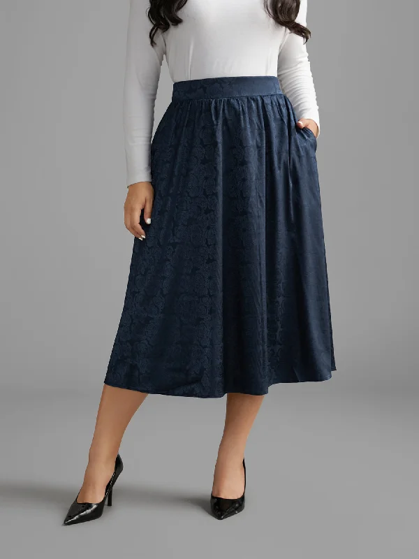 Women's Effortless Casual Outfit Textured Floral Elastic Waist Pocket Skirt