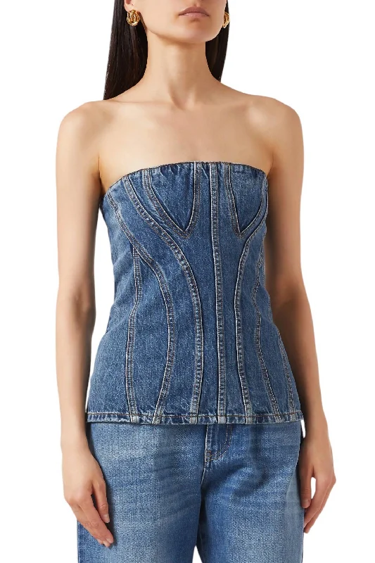 Women's Trendy Activewear Apparel Denim Bustier Top In Mid Blue