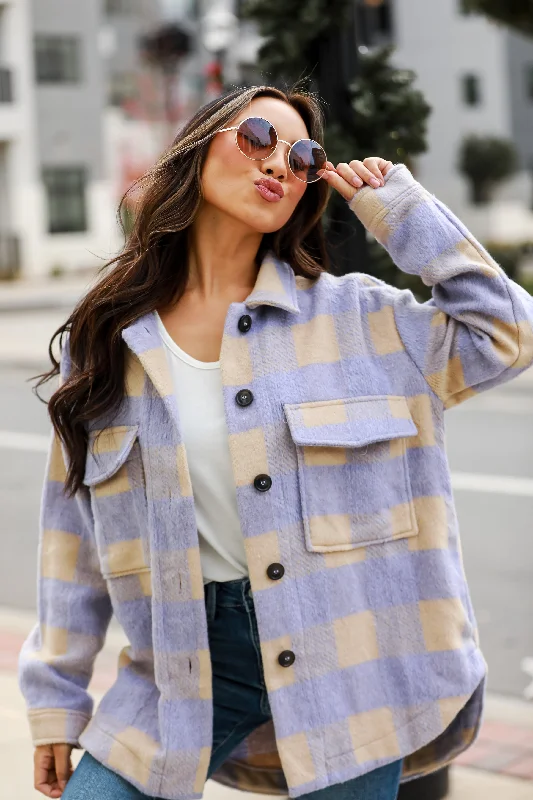 Women's Clothes For Outdoor Events FINAL SALE - Cozy Sensation Lavender Plaid Shacket Women's Clothes For Outdoor Events FINAL SALE - Cozy Sensation Lavender Plaid Shacket