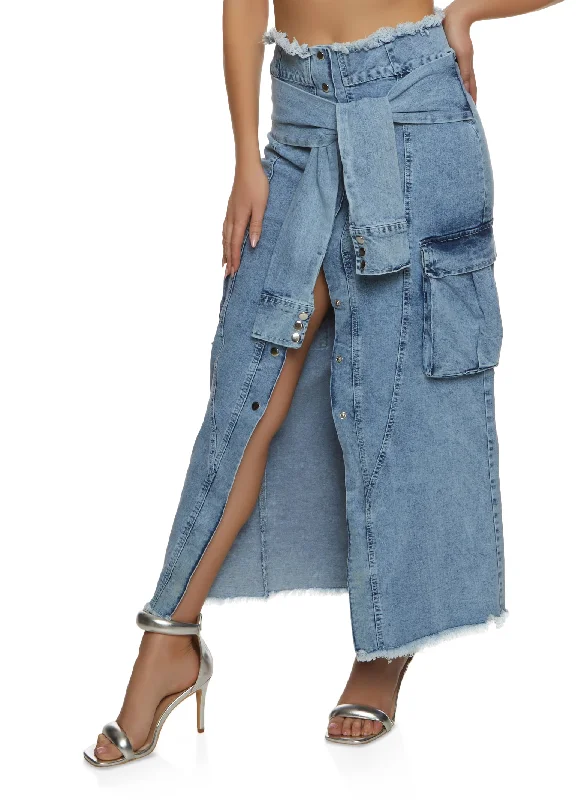 Charming Women's Outfit For Special Occasions Tie Waist Frayed Hem Denim Maxi Skirt