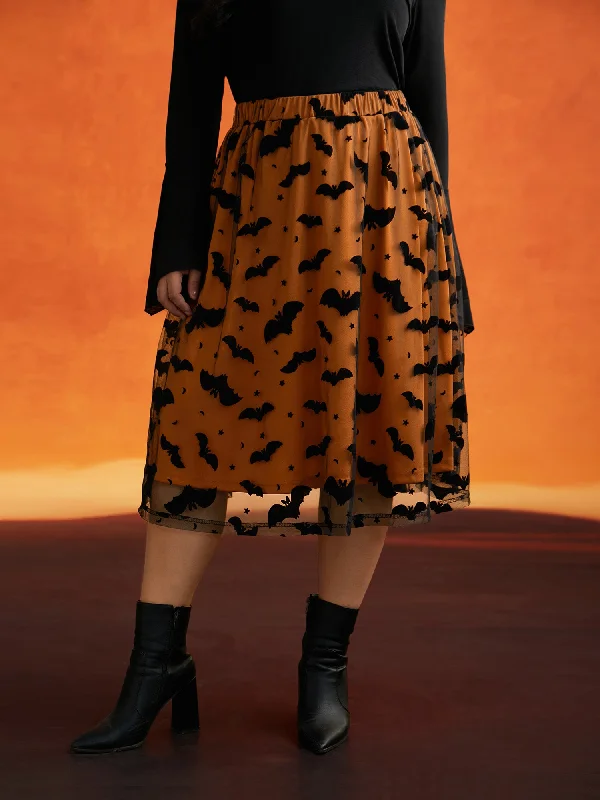Women's Cozy Winter Attire Bat Motif A-Line Midi Skirt