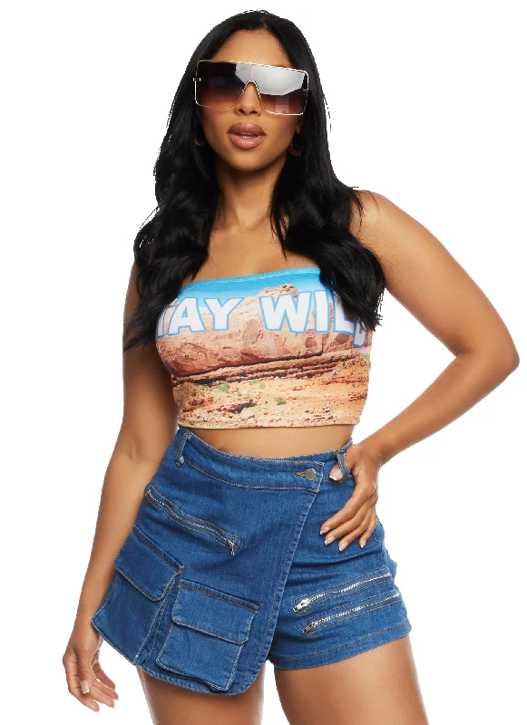 Women's Holiday Clothing Daisy Denim Cargo Pocket Asymmetrical Skort