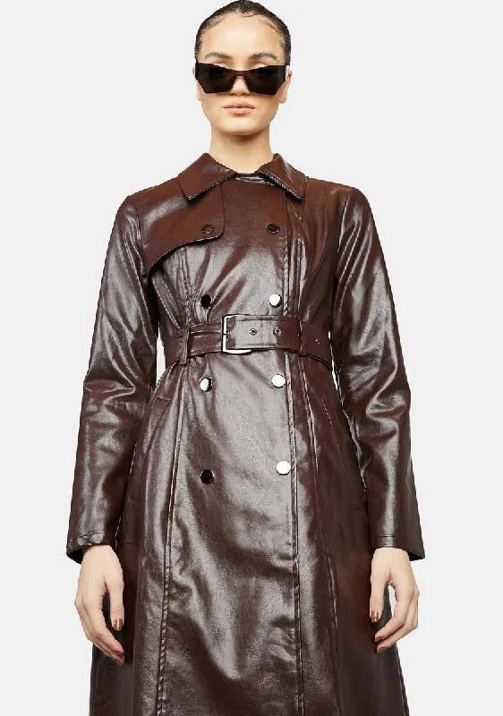 Women's Clothes For Work Events Coffee Dominance Overload Faux Leather Trench Coat