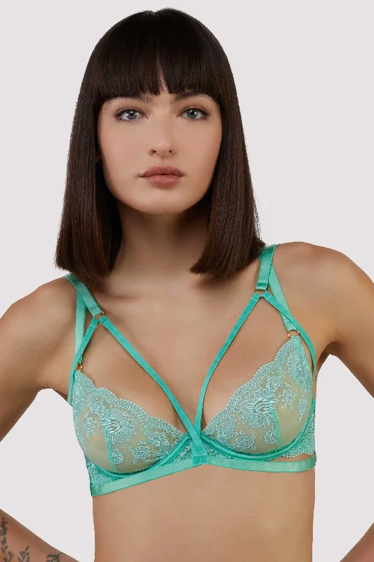 Women's Professional Clothes Sarina Green Embroidery Strap Plunge Bra With Detachable Harness