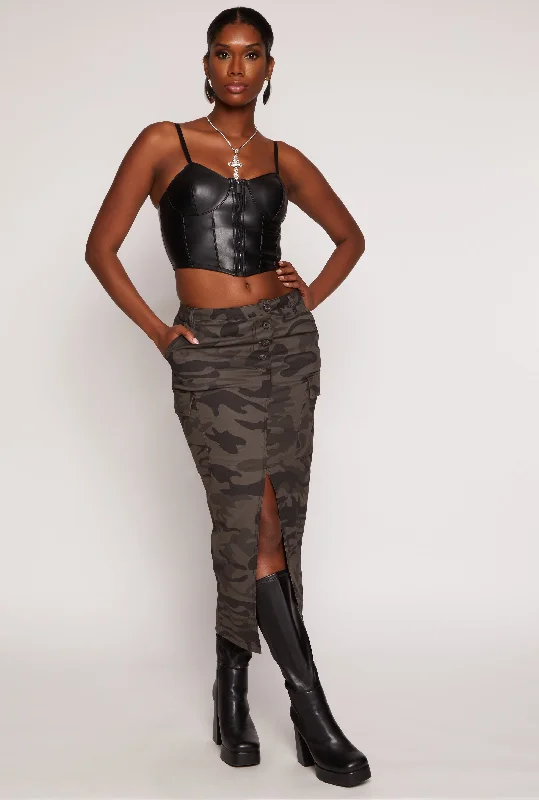Women's Vintage-Inspired Outfit Camo Split Hem Midi Skirt