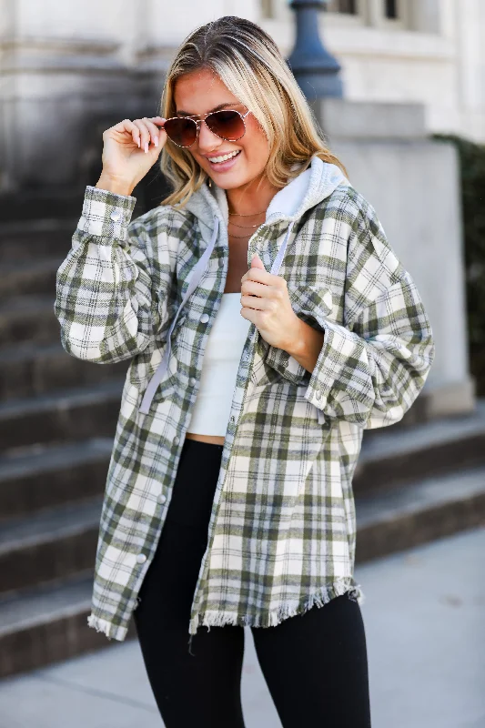 Women's Everyday Clothes Wintery Behavior Olive Plaid Hooded Shacket