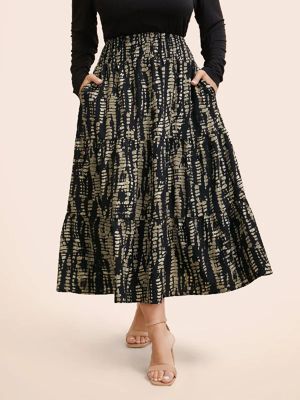 Women's Office Outfit Geometric Shirred Ruffle Layered Hem Skirt