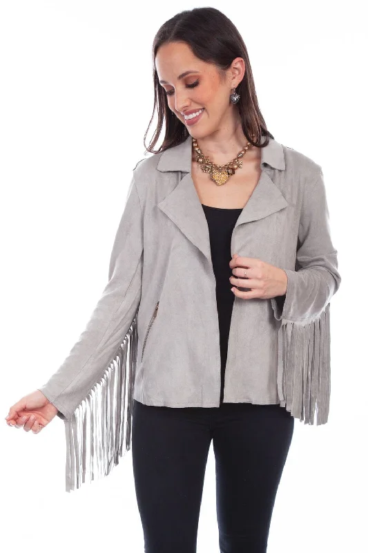 Women's Chic Outerwear Attire Scully Womens Western Fringe Light Grey Poly/Spandex Faux Leather Jacket Women's Chic Outerwear Attire Scully Womens Western Fringe Light Grey Poly/Spandex Faux Leather Jacket
