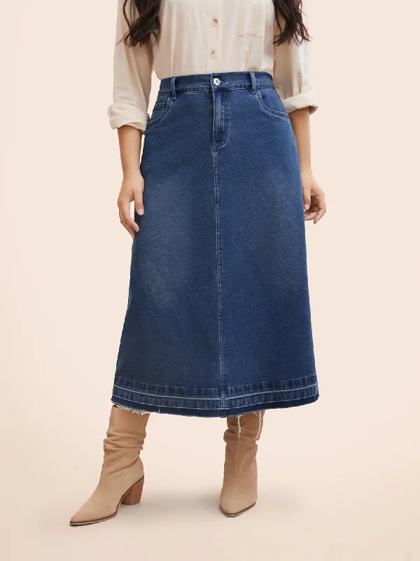 Women's Comfy Loungewear Outfit Stretch Denim Back Slit Midi Skirt