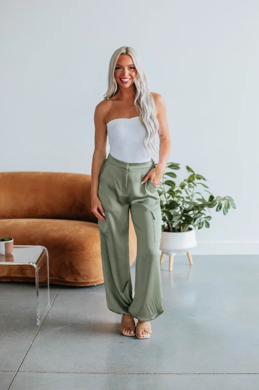 Women's Comfy Loungewear Outfit Adara Satin Cargo Pants - Olive