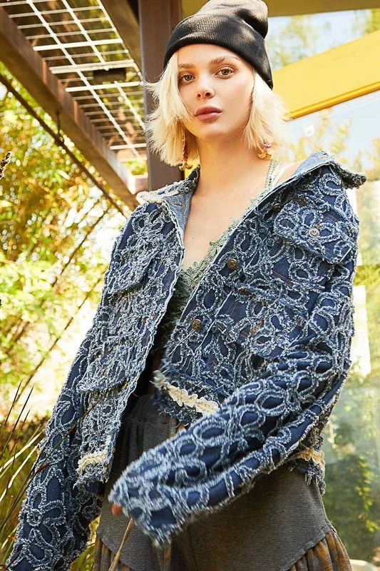 Casual Chic Clothing For Women Hot Girl Flower Textured Raw Hem Denim Jacket