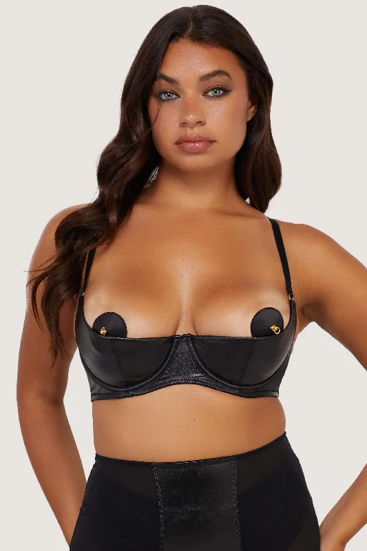 Comfortable Women's Attire Iris Black Leatherette Quarter Cup Open Bra