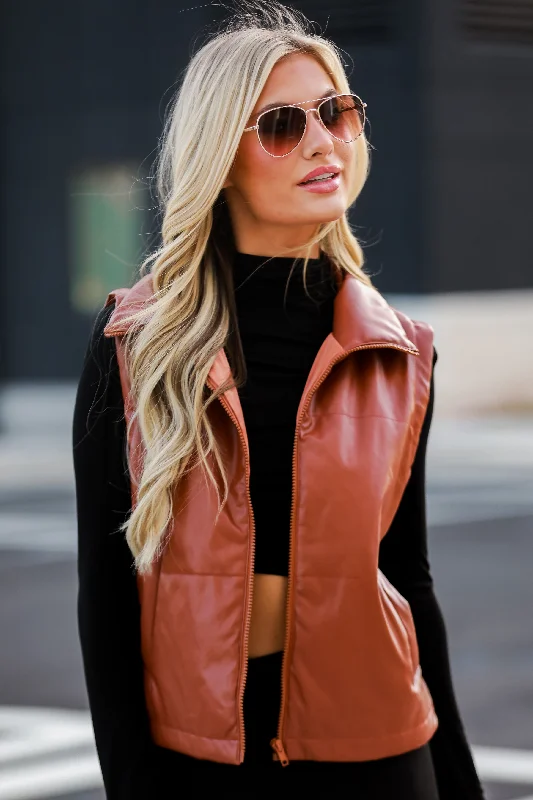 Women's Clothing For Outdoor Activities FINAL SALE - Coolest Demeanor Camel Leather Puffer Vest Women's Clothing For Outdoor Activities FINAL SALE - Coolest Demeanor Camel Leather Puffer Vest