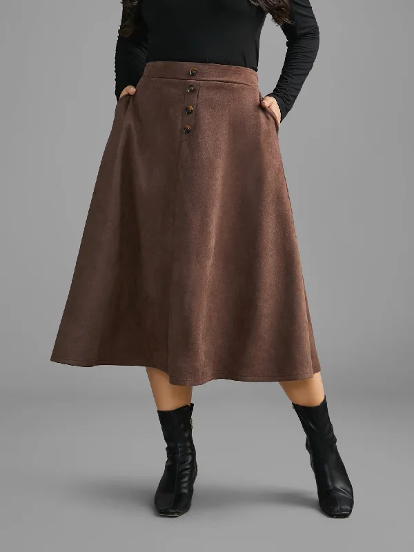 Women's Formal Clothes Faux Suede Button Detail Pocket Skirt