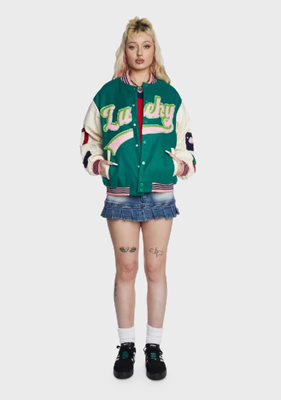 Luxury Women's Clothing Embroidered Patch Green Varsity Jacket