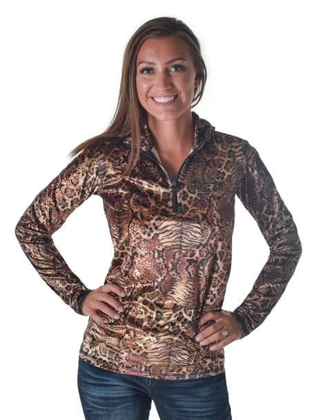 Stylish Women's Outfit Cowgirl Tuff Womens Quarter Zip Cadet Brown Poly/Spandex Athletic Shell Jacket