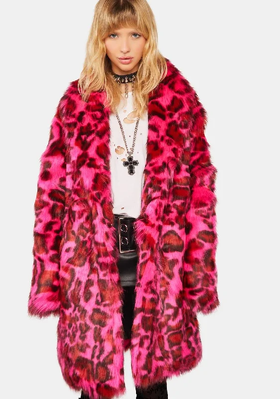 Women's Evening Wear Attire Cheetah Dynasty Faux Fur Coat