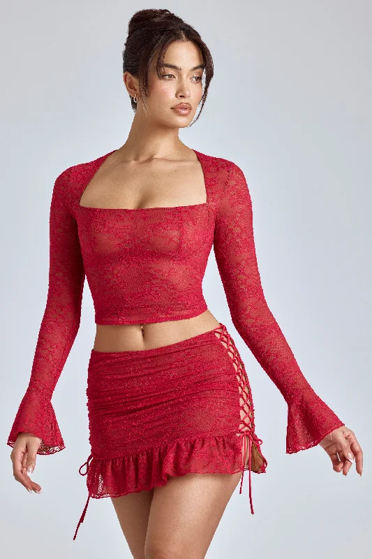 Women's Layered Outfit Lace Ruffle Mini Skirt in Cherry Red