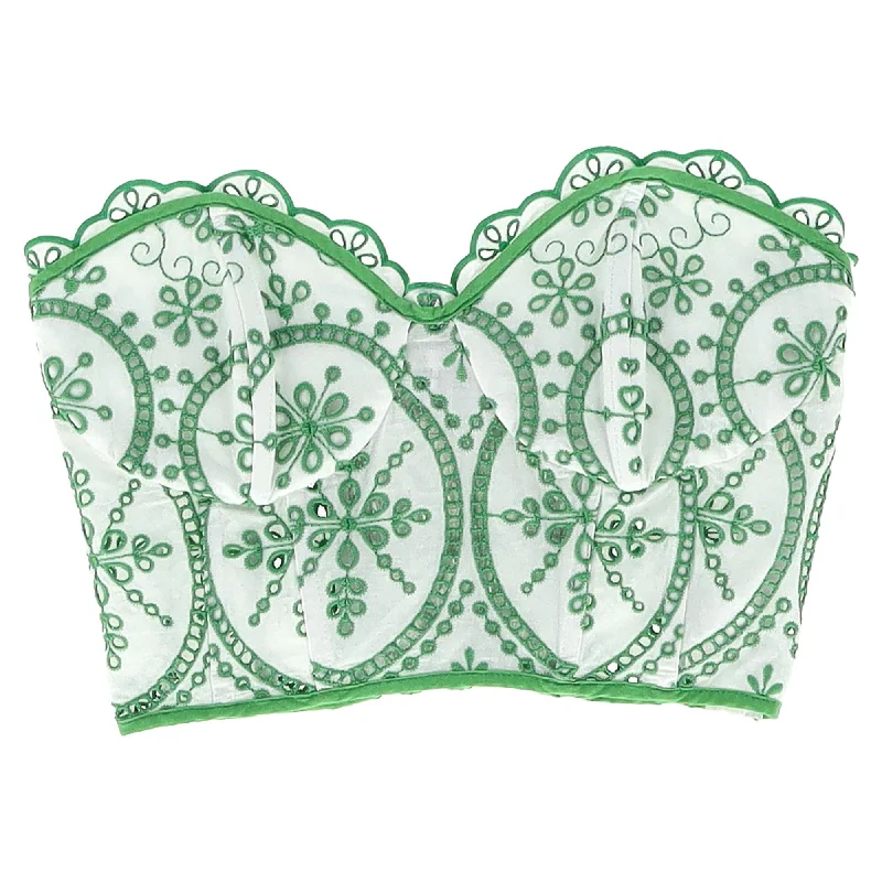 Women's Luxury Attire Charo Ruiz Lita Eyelet Detail Bustier Top in White and Green Cotton