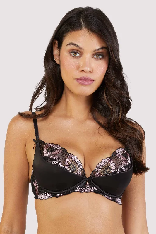 Women's Work Outfit For The Office Alicia Black and Pink Embroidered Plunge Bra