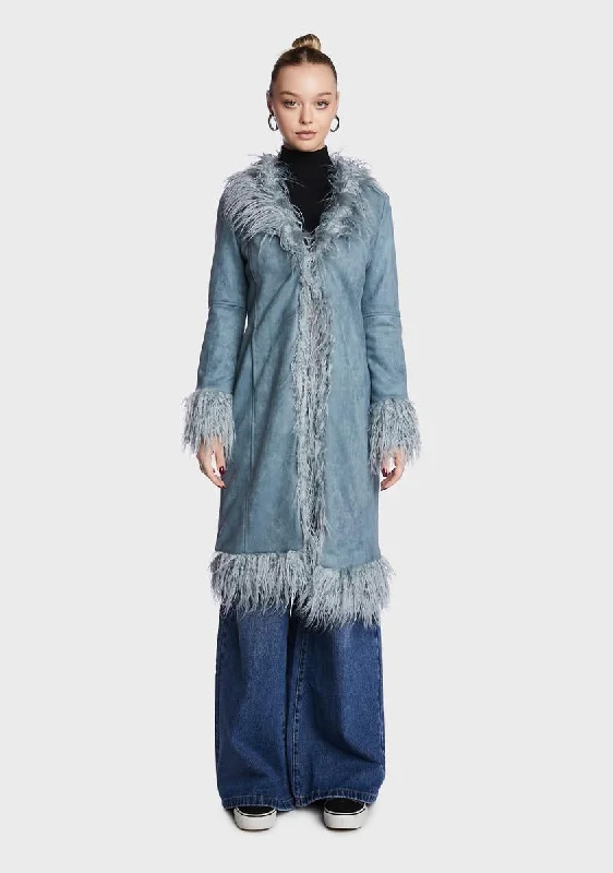 Women's Activewear Garments Blue Faux Fur Trimmed Coat