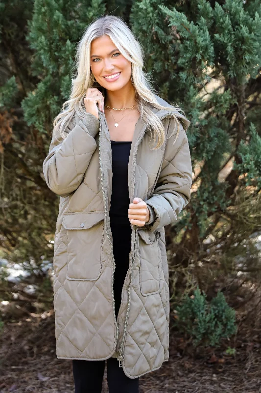 Stylish Women's Attire Elevated Season Olive Quilted Longline Hooded Jacket
