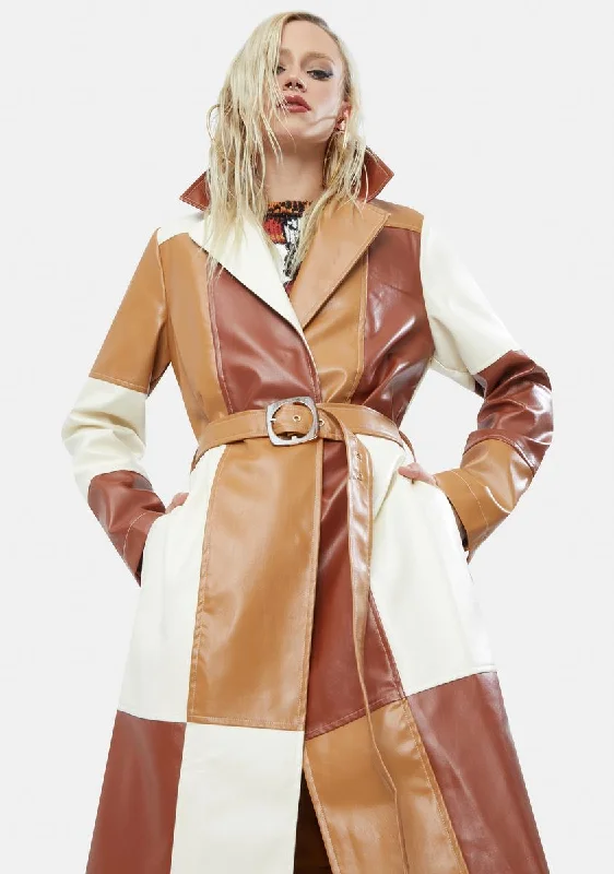 Women's Elegant Evening Outfit Patchwork Vegan Leather Belted Trench Coat