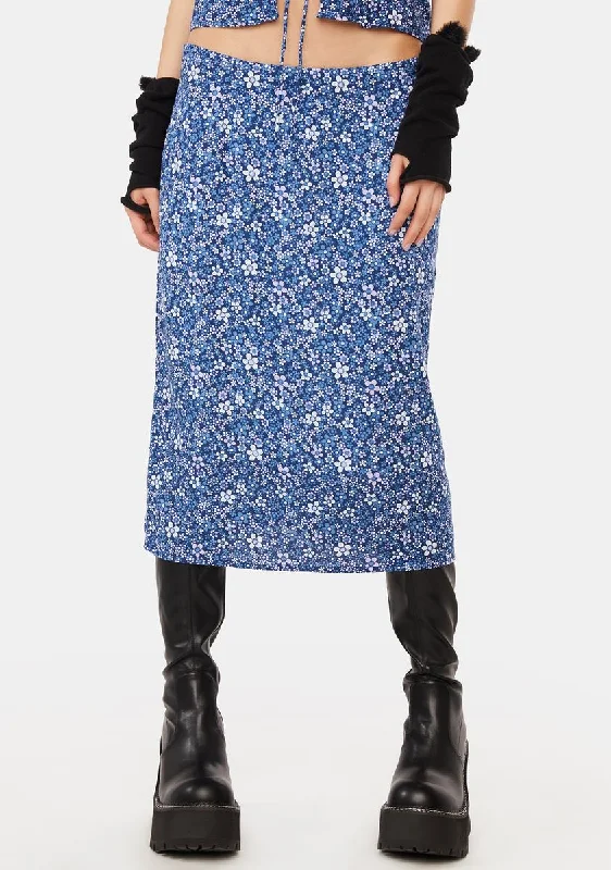 Women's Plus-Size Casual Outfit Retro Floral Blue Harriet Midi Skirt