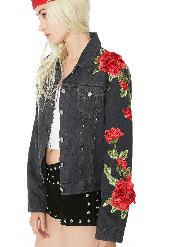 Women's Comfortable Apparel Roses Denim Jacket