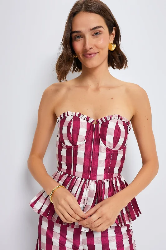 Affordable Women's Garments Wine Gingham Charlotte Bustier with Three Way Sleeve