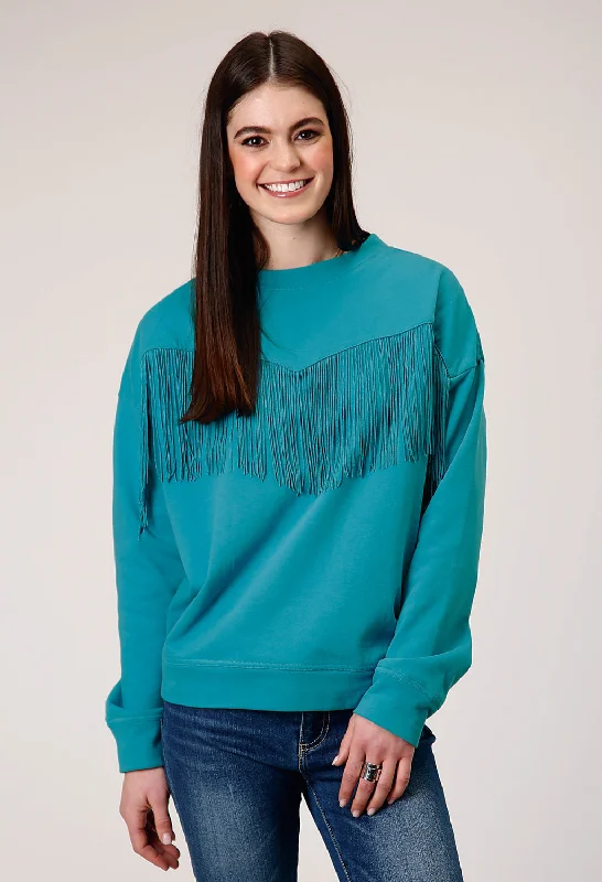Women's High-Fashion Garments Roper Womens Fringe Turquoise 100% Cotton Sweatshirt