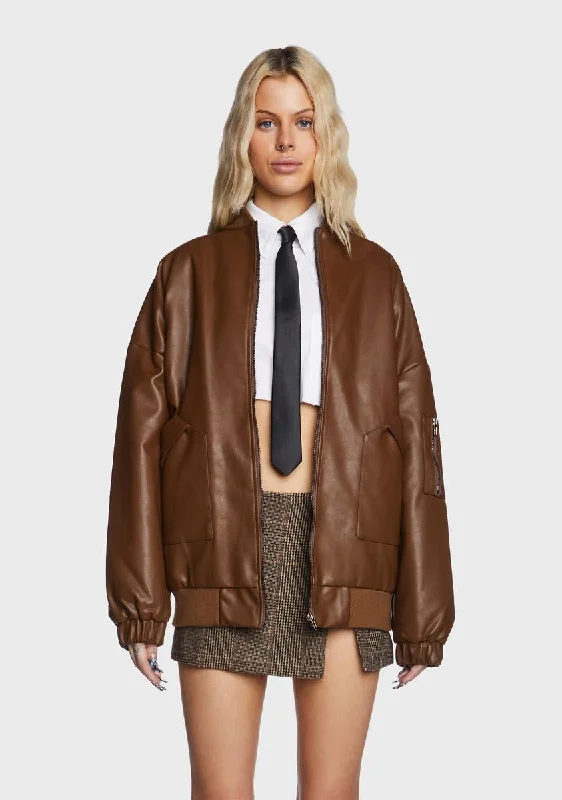 Women's Formal Event Outfit Faux Leather Oversized Bomber Jacket - Brown