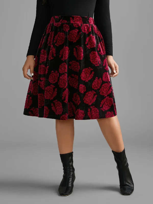 Stylish Women's Outfit Velvet Floral Elastic Waist Skirt