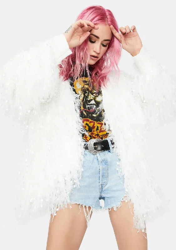 Affordable Luxury Women's Garments Blanc Out All Night Fringe Cardigan