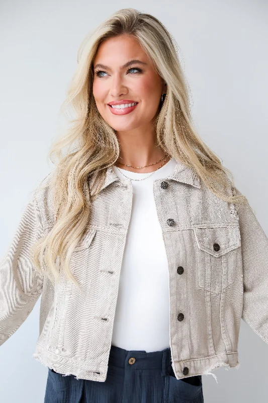 Women's Chic Outfit FINAL SALE - Definite Icon Taupe Distressed Cropped Denim Jacket Women's Chic Outfit FINAL SALE - Definite Icon Taupe Distressed Cropped Denim Jacket