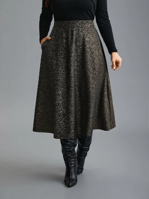 Women's High-End Clothing Glitter Elastic Waist Pocket Midi Skirt