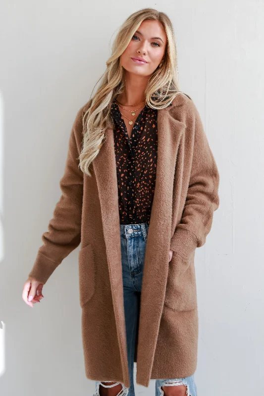 Women's Comfortable Lounge Attire Wintery Stroll Taupe Eyelash Knit Longline Coat