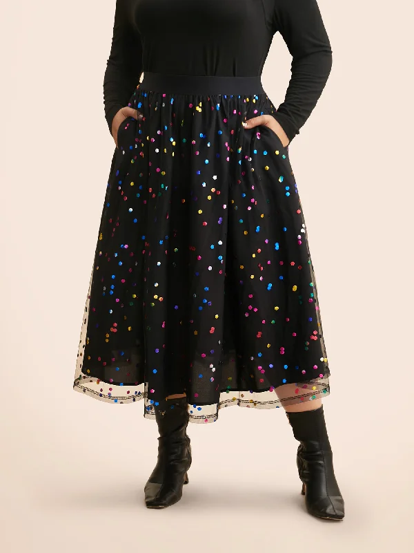 Women's Casual Wear Outfit Sequin Polka Dot Tiered Mesh Skirt