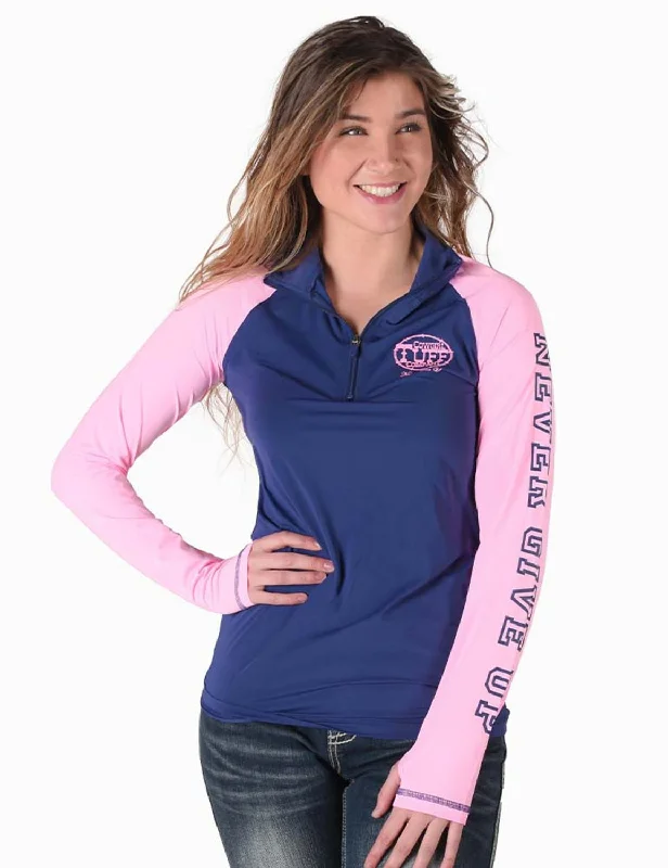 Women's Transitional Clothes Cowgirl Tuff Womens UPF Quarter Zip Indigo/Bubblegum Nylon Softshell Jacket Women's Transitional Clothes Cowgirl Tuff Womens UPF Quarter Zip Indigo/Bubblegum Nylon Softshell Jacket