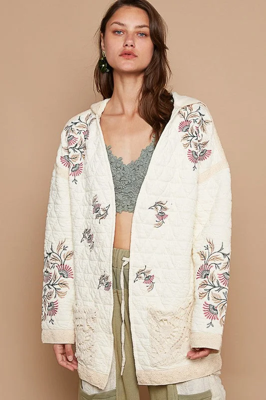 Women's Floral Print Outfit Hot Girl Embroidered Open Front Quilted Jacket with Crochet Pockets