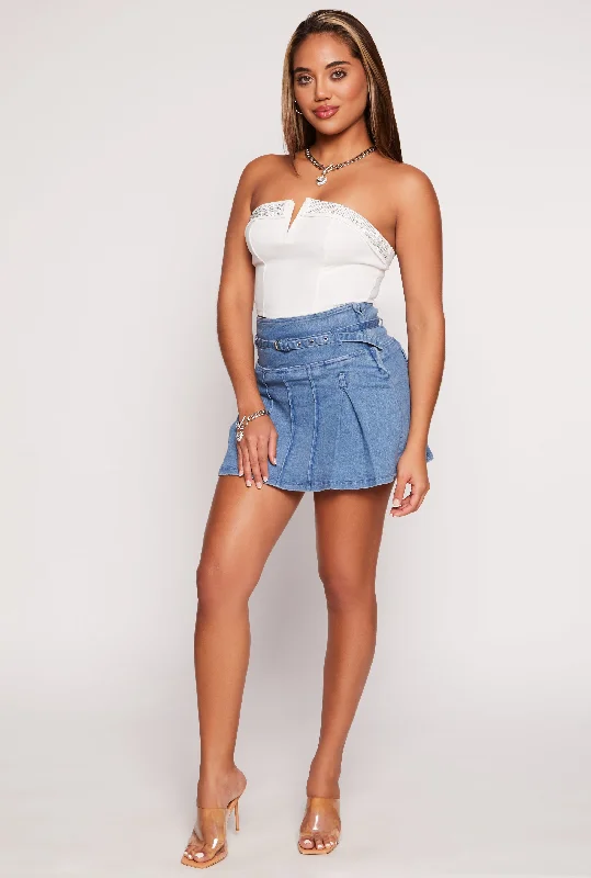 Women's Outfit Belted Denim Pleated Mini Skirt