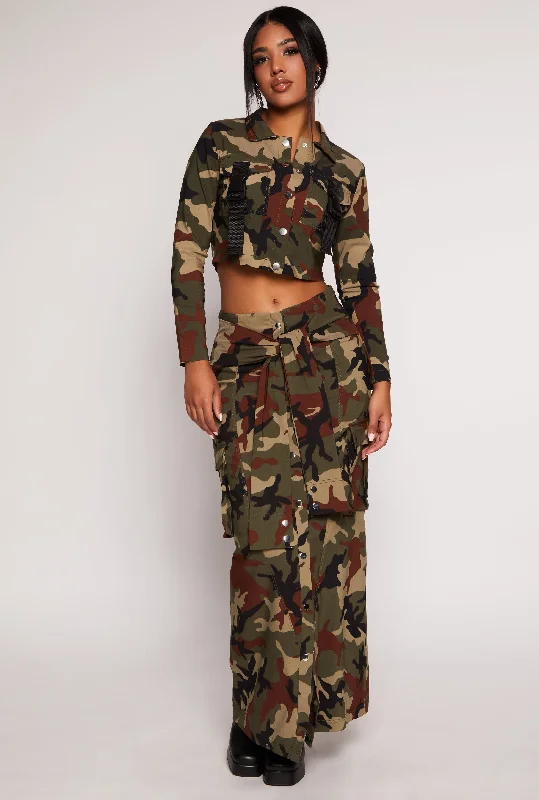 Women's Clothes For Work Events Camo Tie Front Maxi Cargo Skirt