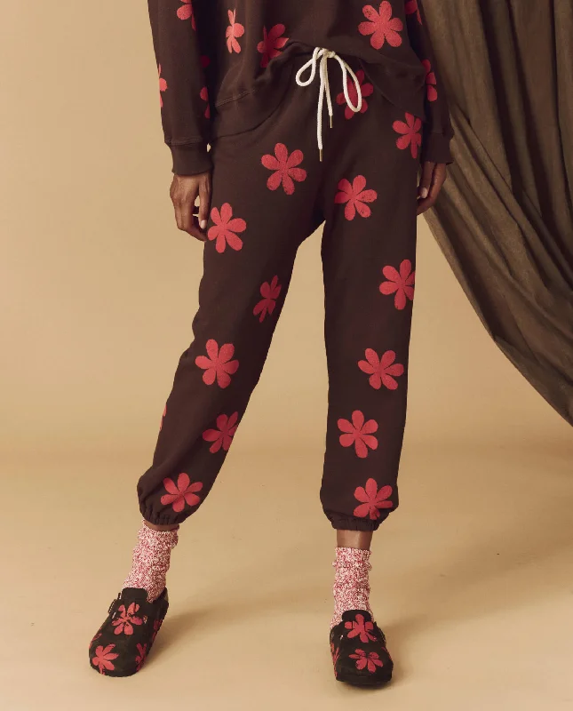 Affordable Women's Attire The Hand Stamped Stadium Sweatpant. -- Mocha with Hot Red Daisy