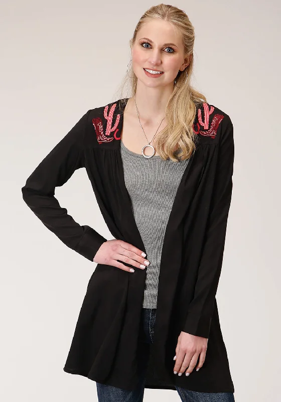 Women's Athletic Outfit Roper Womens Black Polyester Pink Cactus Cardigan