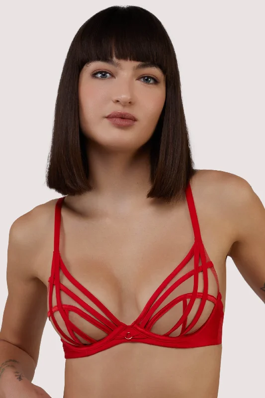 Affordable Trendy Clothes For Women Ramona red Strap Detail Illusion Sheer Plunge Bra