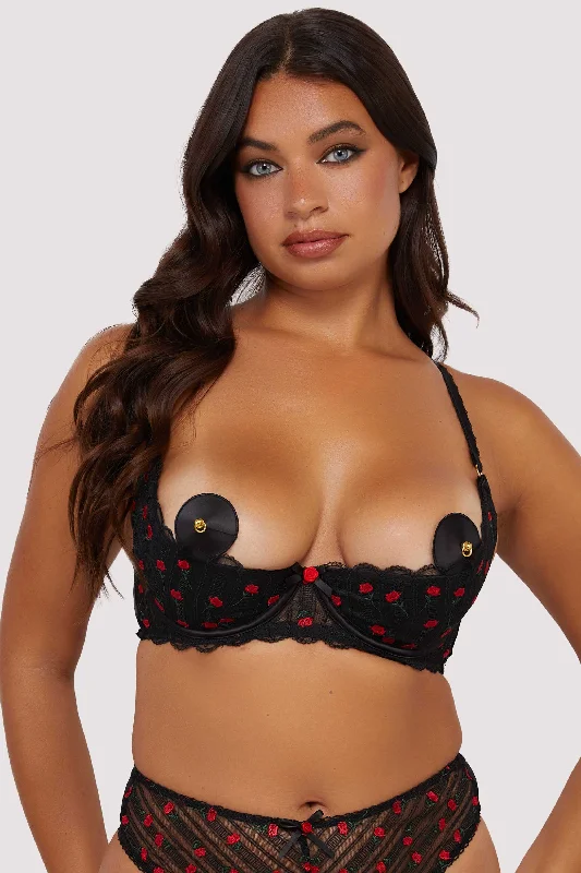 Women's Travel Attire Elodie Black and Red Rosebud Embroidery Quarter Cup Bra