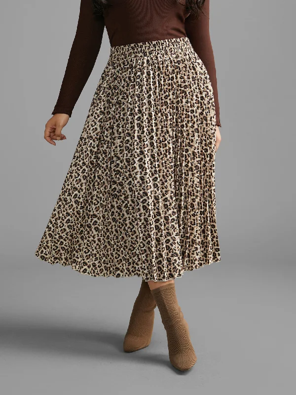 Women's Work Outfit For The Office Leopard Print Pleated Elastic Waist Skirt