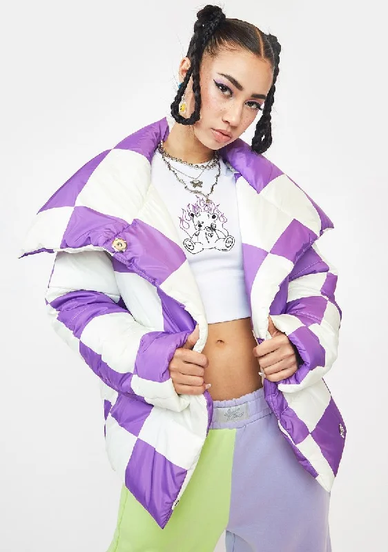 Women's Holiday Attire Purple Checkerboard Puffer Jacket