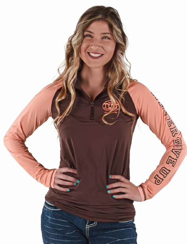 Women's Elegant Clothes Cowgirl Tuff Womens UPF Quarter Zip Brown/Coral Nylon Softshell Jacket Women's Elegant Clothes Cowgirl Tuff Womens UPF Quarter Zip Brown/Coral Nylon Softshell Jacket